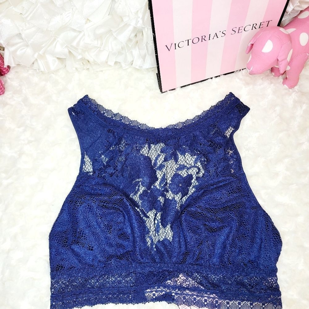 NWT 2 PC VICTORIA SECRET BRALETTE CHEEKINI NAVY BLUE LACE MEDIUM M - Picture 2 of 6